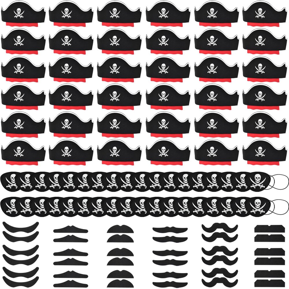 Halatool 36 Set Pirate Accessories Bulk for Kids, Include 36 Felt Pirates Hats with 36 Eye Patches and 36 Mustaches, Pirate Costume Accessories for Halloween, Masquerade, Cosplay, Party Favors Decor