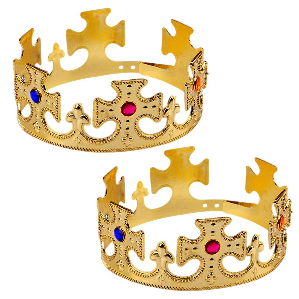 Toyvian 2 Pcs Gold Plastic King Crown, Royal Jeweled Crowns Prince Costume Accessory Halloween Prop