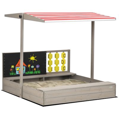 Outsunny Kids Sandbox with Canopy, Bench Seats Wooden Sand Pit, Backyard Toy with Chalkboard, Tic Tac Toe Game, Gift for Girls and Boys, Ages 3-7