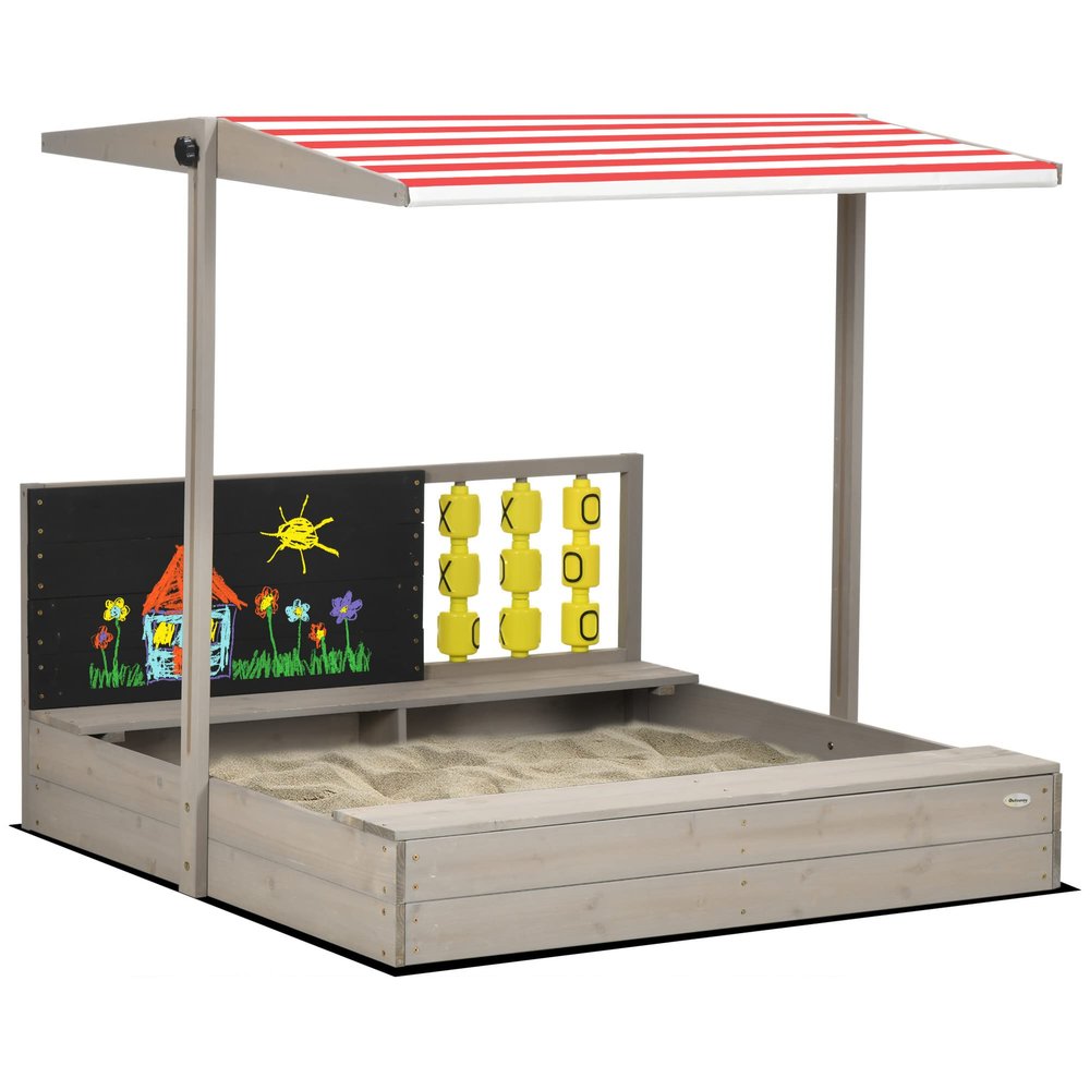 Outsunny Kids Sandbox with Canopy, Bench Seats Wooden Sand Pit, Backyard Toy with Chalkboard, Tic Tac Toe Game, Gift for Girls and Boys, Ages 3-7
