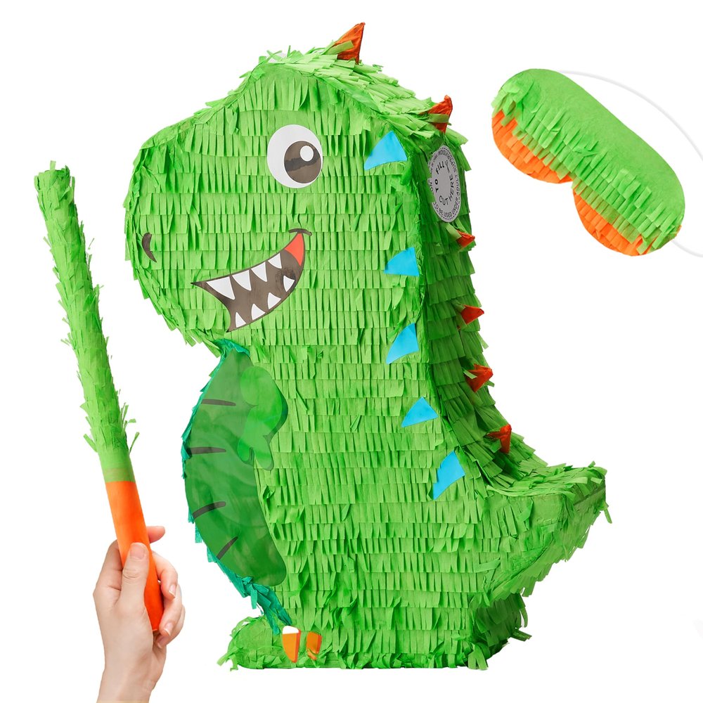 Dinosaur Pinata with Plastic Bat and Paper Blindfold15.5H X 10.5W X 3D), Cinco De Mayo Party, Dinosaur Animal Theme Parties Decorations, Indoor or Outdoor fiesta