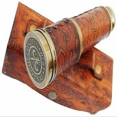 Antique Telescope London Brass Maritime | Ship Telescope Brass Spyglass Leather Carving Bounded with Hardwood Leather Box