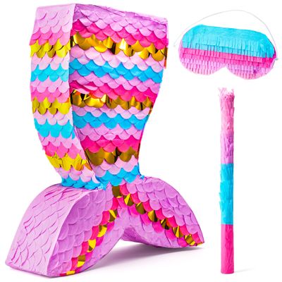 Mermaid Tail Pinata with Plastic Bat and Paper Blindfold for Fun Fiesta Taco Party Supplies, Photo Props, Mexican Theme Decoration, Carnivals Festivals, Girl Kids Birthday Parties 13W x 15.7H