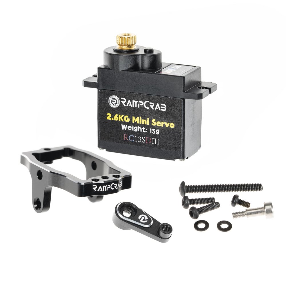 RampCrab RC Steering Servo with Servo Mount Bracket and Servo Horn for TRX4M RC Car, 1/18 Upgrades Parts, Suitable for TRX4-M Bronco, Defender, K10 (Black Horn)