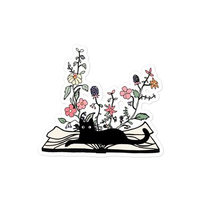 Flowers Growing from Book, Cat Lying on a Book Sticker