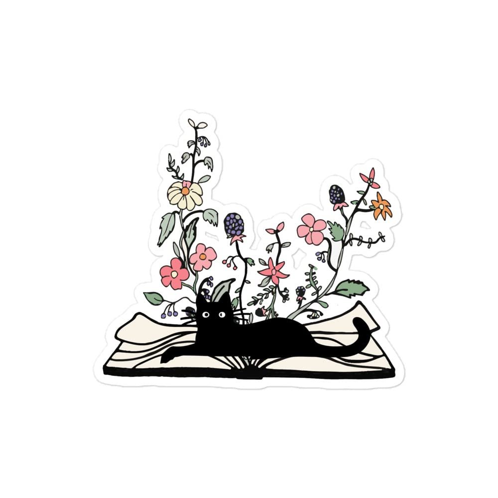 Flowers Growing from Book, Cat Lying on a Book Sticker