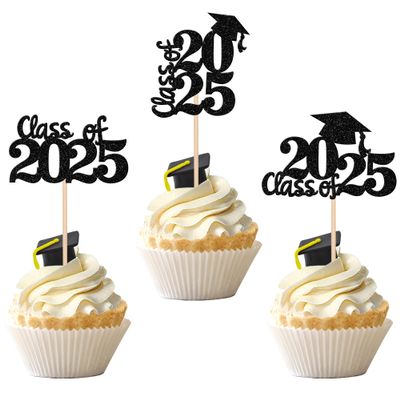 30 PCS 2025 Graduation Cupcake Toppers Glitter Class of 2025 Graduation Cap Cupcake Picks for 2025 Graduation Theme Party Cake Decorations Supplies Black
