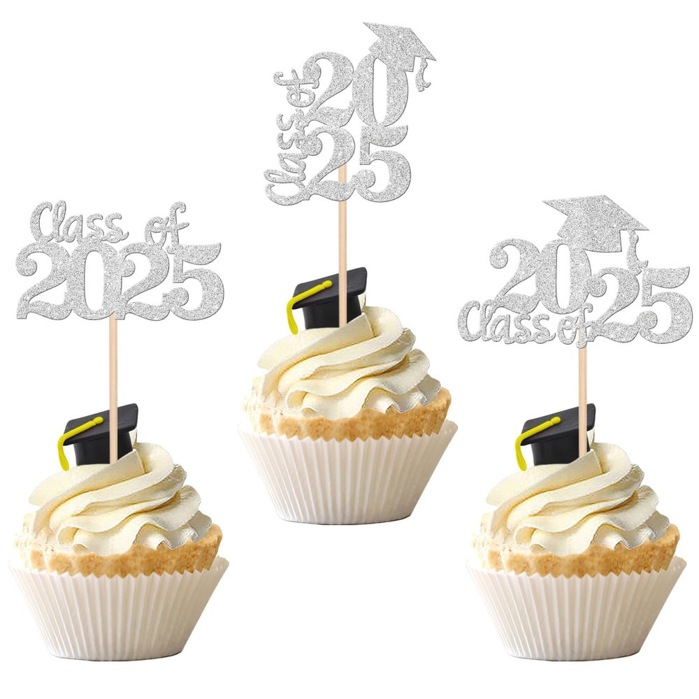 30 PCS Class of 2025 Bachelor Cap Cupcake Toppers Glitter 2025 Graduation Cupcake Picks Decorations for Class of 2025 Graduation Theme Party Cake Decoration Supplies Silver