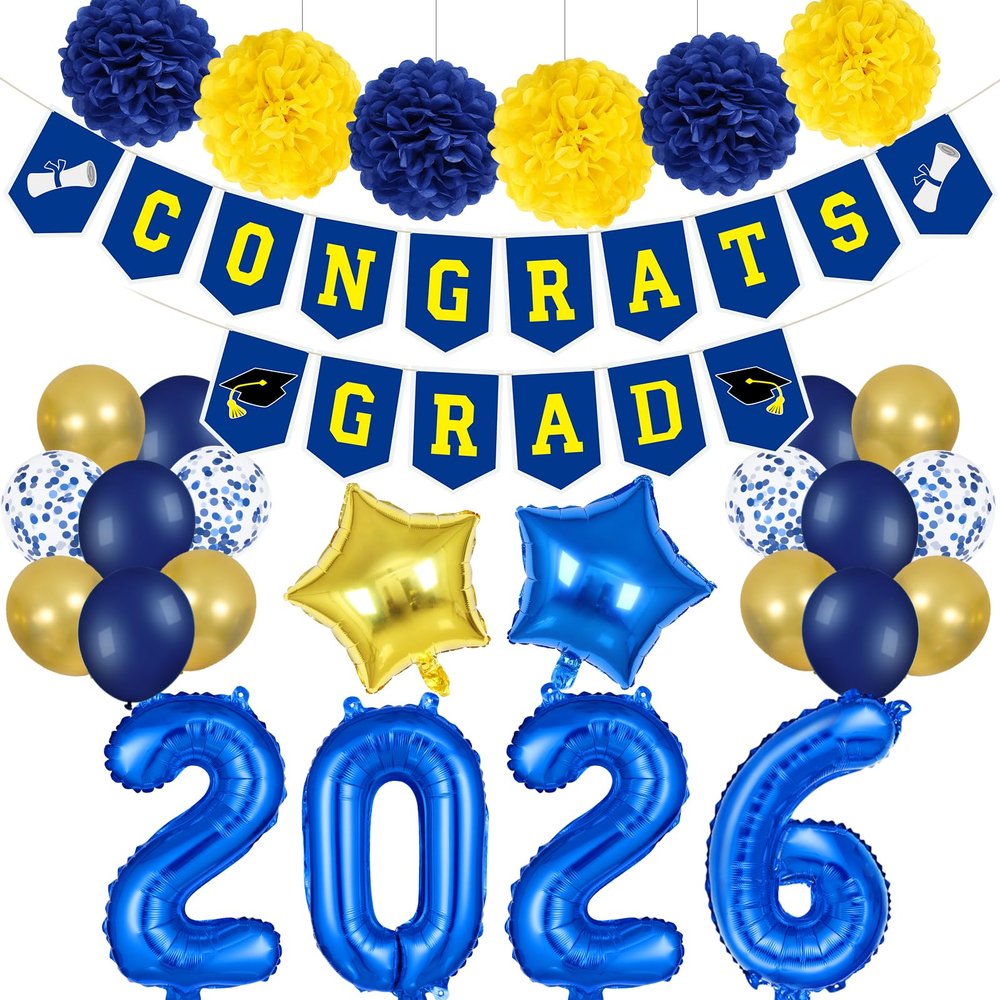 2026 Graduation Banner Party Decorations Blue and Yellow, Congrats Grad Banner and 2026 Graduation Foil Balloons for Blue and Yellow Congratulations 2026 Graduation Party Decorations
