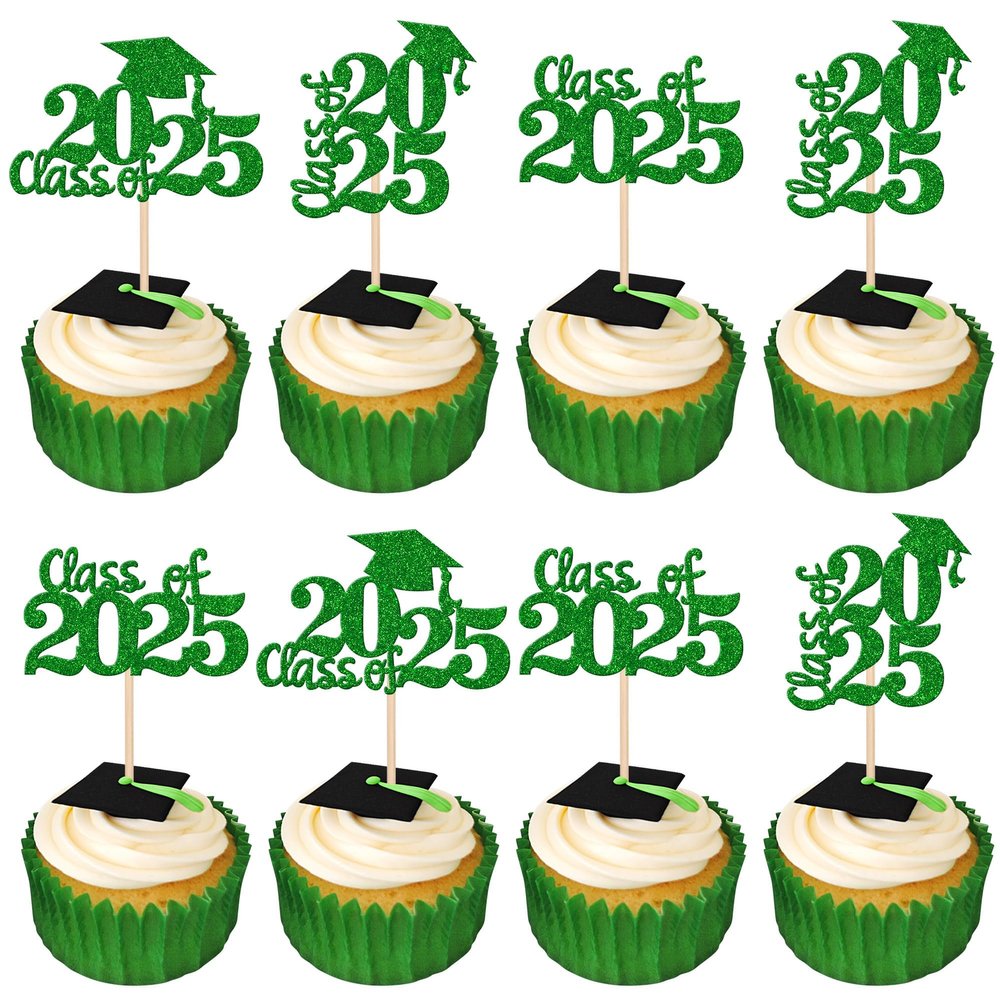 30 PCS Class of 2025 Cupcake Toppers Glitter Graduation Cap Cupcake Picks for 2025 High School Graduation Theme Party Cake Decorations Supplies Green