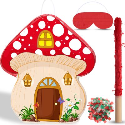 Mushroom Piata with Stick and Blindfold Fairy Piata 3D Mushroom Shaped Piata for Kids Birthday Party Mushroom Hanging Decoration Piata for Forest Jungle Woodland Baby Shower Party Supplies