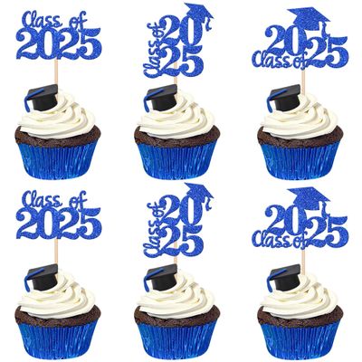 30 PCS 2025 Graduation Theme Cupcake Toppers Glitter Class of 2025 Cupcake Picks Graduation Cap Cake Decorations for 2025 Graduation Theme Party Supplies Blue