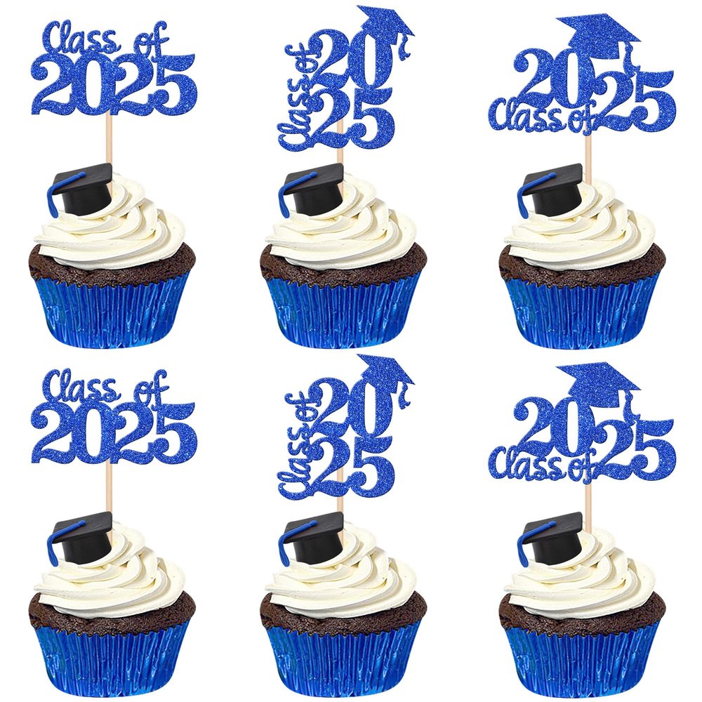 30 PCS 2025 Graduation Theme Cupcake Toppers Glitter Class of 2025 Cupcake Picks Graduation Cap Cake Decorations for 2025 Graduation Theme Party Supplies Blue