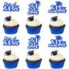 30 PCS 2025 Graduation Theme Cupcake Toppers Glitter Class of 2025 Cupcake Picks Graduation Cap Cake Decorations for 2025 Graduation Theme Party Supplies Blue view 1
