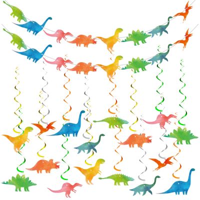 34 Pcs Watercolor Dinosaur Banner and Hanging Swirls Party Decorations Set Dinosaur Birthday Decor Dino Birthday Streamers for Kids Jungle Party Supplies