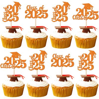 30 PCS 2025 Graduation Cupcake Toppers Glitter Class of 2025 Graduation Cap Cupcake Picks for 2025 Graduation Theme Party Cake Decorations Supplies Orange
