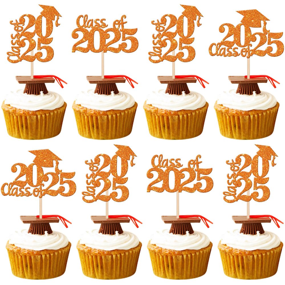 30 PCS 2025 Graduation Cupcake Toppers Glitter Class of 2025 Graduation Cap Cupcake Picks for 2025 Graduation Theme Party Cake Decorations Supplies Orange