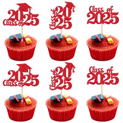 30 PCS 2025 Graduation Cap Cupcake Toppers Class of 2025 Cupcake Picks University Graduation Cake Decorations for 2025 Graduation Theme Party Supplies Red