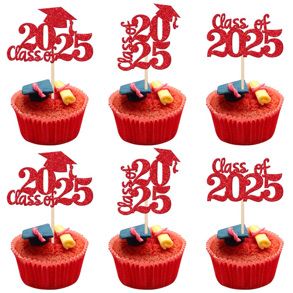 30 PCS 2025 Graduation Cap Cupcake Toppers Class of 2025 Cupcake Picks University Graduation Cake Decorations for 2025 Graduation Theme Party Supplies Red