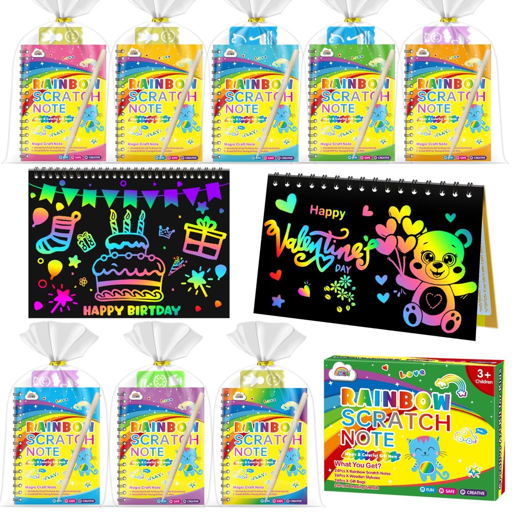 ZMLM Valentines Day Gifts Kids Classroom: 16 Pack Scratch Rainbow Art Notebook Paper, Birthday Party Favors For Kids 4-8, Bulk Goodie Bags Stuffers, Student Prizes From Teacher, Kindergarten Toy