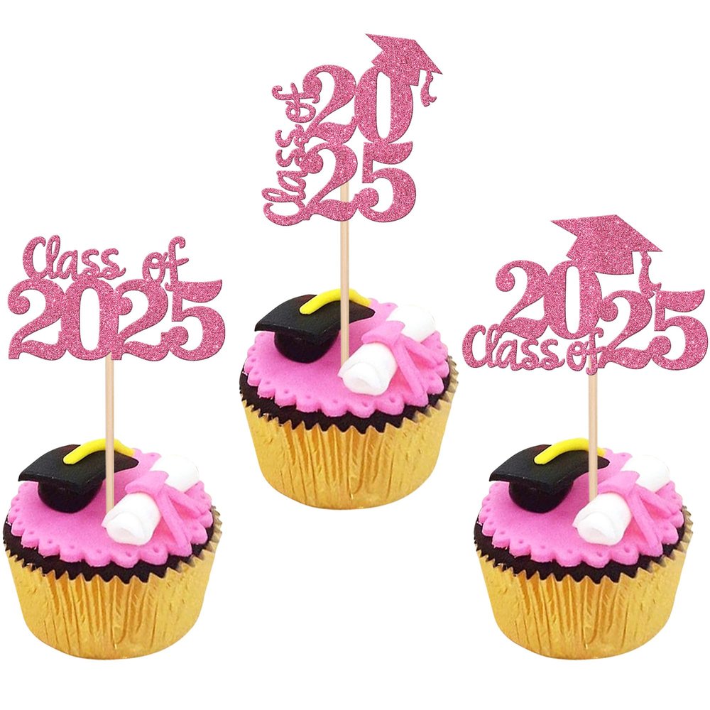 30 PCS 2025 Graduation Theme Cupcake Toppers Glitter Class of 2025 Cupcake Picks Graduation Cap Cake Decorations for 2025 Graduation Theme Party Supplies Pink