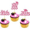 30 PCS 2025 Graduation Theme Cupcake Toppers Glitter Class of 2025 Cupcake Picks Graduation Cap Cake Decorations for 2025 Graduation Theme Party Supplies Pink view 1