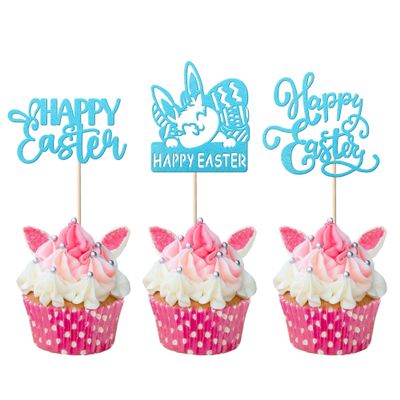 24 Pack Happy Easter Cupcake Toppers Glitter Rabbit Bunny Cupcake Picks Bunny for Happy Easter Spring Themed Baby Shower Kids Birthday Cupcake Decorations Party Supplies Blue