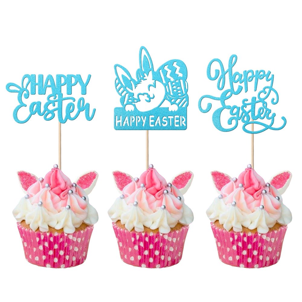 24 Pack Happy Easter Cupcake Toppers Glitter Rabbit Bunny Cupcake Picks Bunny for Happy Easter Spring Themed Baby Shower Kids Birthday Cupcake Decorations Party Supplies Blue