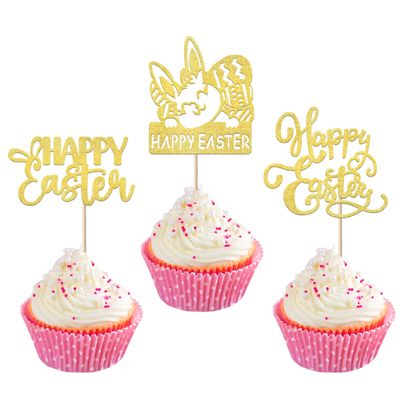 24 Pack Happy Easter Cupcake Toppers Glitter Rabbit Bunny Cupcake Picks Bunny for Happy Easter Spring Themed Baby Shower Kids Birthday Cupcake Decorations Party Supplies Gold