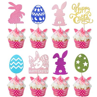 24 Pack Happy Easter Cupcake Toppers Rabbit Bubby Easter Egg Cupcake Picks Easter Theme Baby Shower Kids Birthday Party Cake Decorations Supplies