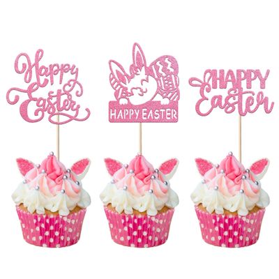 24 Pack Happy Easter Cupcake Toppers Glitter Rabbit Bunny Cupcake Picks Bunny for Happy Easter Spring Themed Baby Shower Kids Birthday Cupcake Decorations Party Supplies Pink