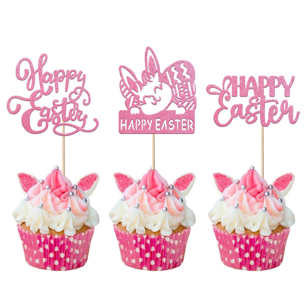 24 Pack Happy Easter Cupcake Toppers Glitter Rabbit Bunny Cupcake Picks Bunny for Happy Easter Spring Themed Baby Shower Kids Birthday Cupcake Decorations Party Supplies Pink
