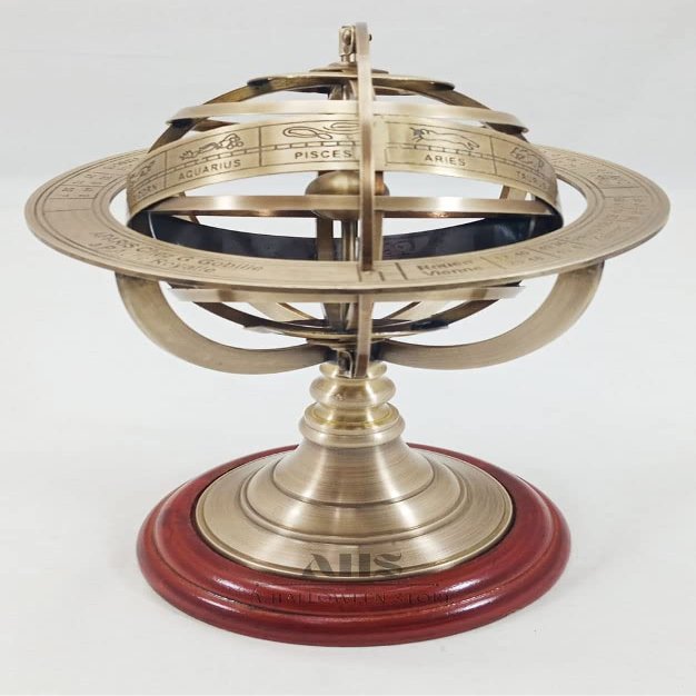 A HALLOWEEN STORE Antique Brass 8" Armillary Sphere Globe Astrolabe Zodiac Engraved Celestial Globe Wooden Base