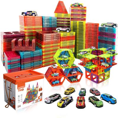 BUBUQE Magnetic Tiles Parking Building Playset with 10 Pull-Back Metal Cars for Kids Construction STEM Toy Preschool Creativity Learning Birthday Gift for Girls Boys Toddlers 3 4 5 6 7 8