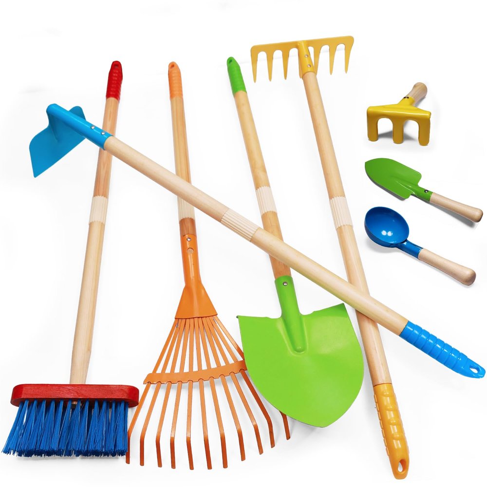 POMIKU 8PCS Kids Gardening Tools, Kids Rake and Shovel Set, Toddler Outdoor Yard Tools, Garden Toys Gifts for Boys Girls Age 3 4 5 6 7 8 Years Old