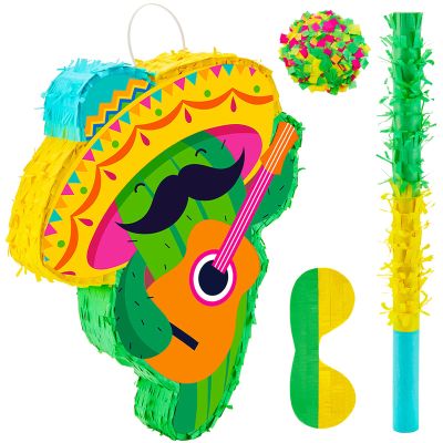 Lewtemi Cactus Piata Mini Sombrero Party Hats Mexican Fiesta Decorations with Piata Stick Blindfold Confetti Set, 16.1 x 13 x 3 Inch