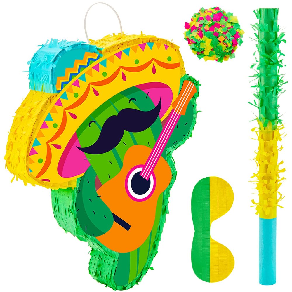 Lewtemi Cactus Piata Mini Sombrero Party Hats Mexican Fiesta Decorations with Piata Stick Blindfold Confetti Set, 16.1 x 13 x 3 Inch