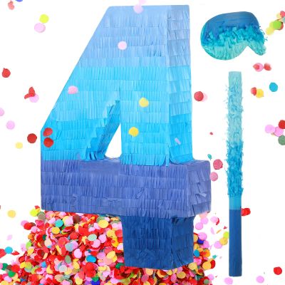 Sratte Number 1 2 3 4 5 6 7 8 9 Piata with Stick Blindfold Confetti, Gradient Blue Piata for Kids Boys Girls Birthday Party Anniversary Decorations Supplies(Number 4)