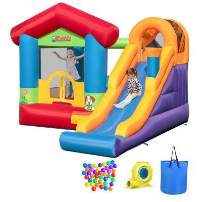 OLAKIDS Inflatable Bounce House, Kids Jumping Castle with Slide, Basketball Rim, Climbing Wall, Indoor Outdoor Inflatable Obstacle Course with 680W Blower 50PCS Ocean Balls Carry Bag Repair Patches