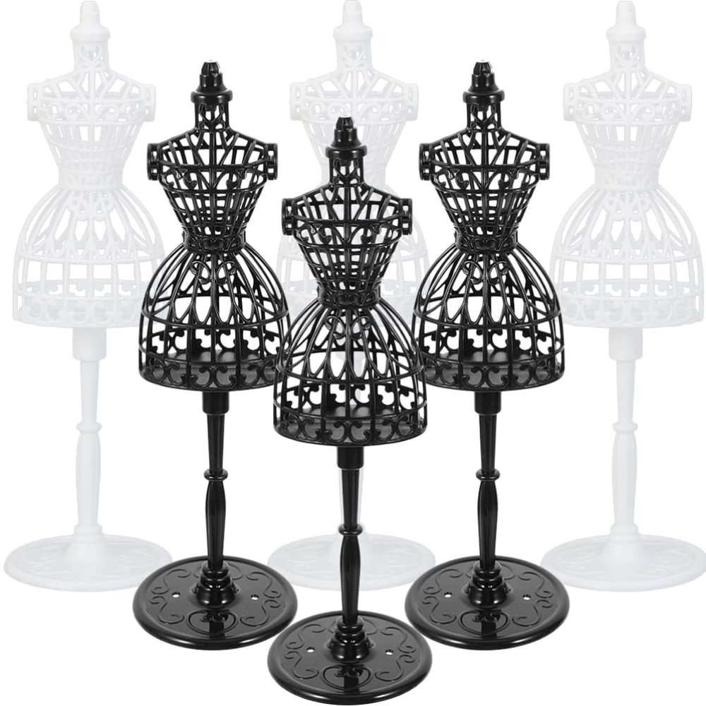 Zerodeko Cora 6Pcs Doll Dress Form, Miniature Doll Mannequin Model Plastic Wire Doll Clothes Display Stand DIY Craft Supplies Tabletop Decorations Accessories (White+Black) Dress Form