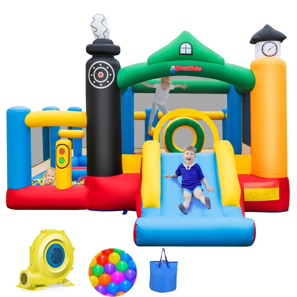 OLAKIDS Inflatable Bounce House, Train Theme Kids Jumping Castle with Slide Ball Pit Basketball Rim, Indoor Outdoor Inflatable Obstacle Course with 950W Blower 50PCS Ocean Balls Carry Bag