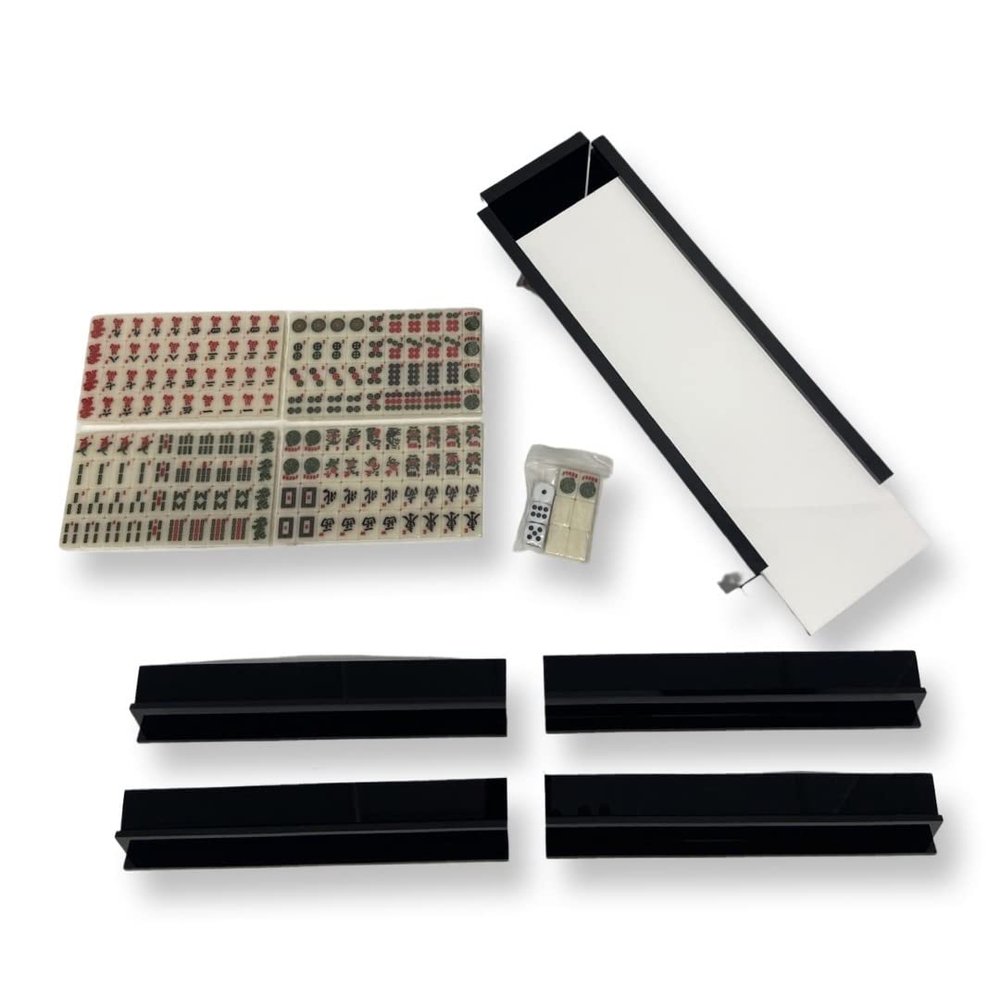 Ready Covers Lucite Mahjong Premium Set - Tiles, Holders, and Storage Acrylic Box Included (Black w White Cover)