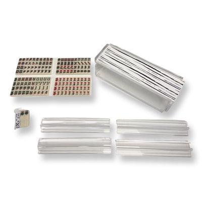 Lucite Mahjong Premium Set - Tiles, Holders, and Storage Acrylic Box Included (Clear w White Marble Cover)