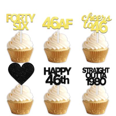 18pcs Black Gold Glitter Dessert Cupcake Pick for Straight Outta 1980 Cheer to 46 Years Old Theme Decor Supplies Happy 46th Birthday Party Decoration