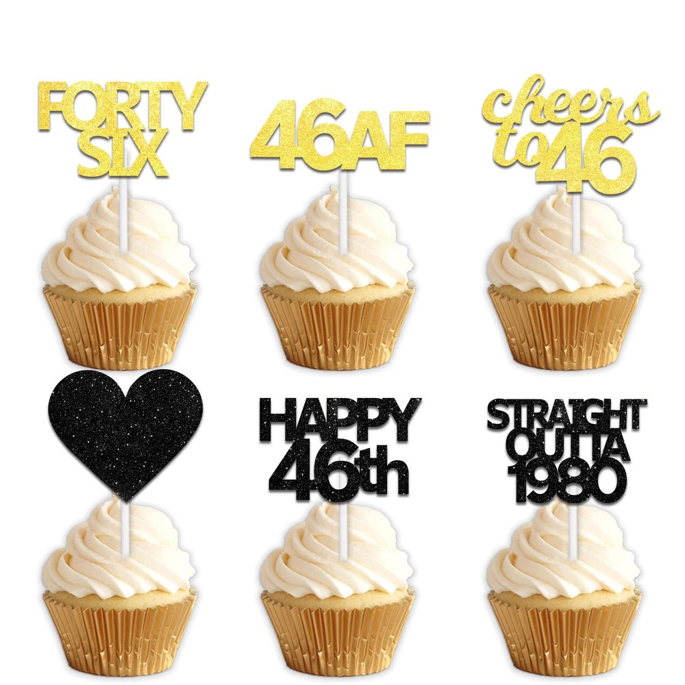 18pcs Black Gold Glitter Dessert Cupcake Pick for Straight Outta 1980 Cheer to 46 Years Old Theme Decor Supplies Happy 46th Birthday Party Decoration