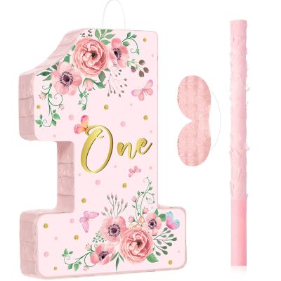 Pink Floral Piata Number 1 Piata Set with Blindfold, Bat and Filler for Flower Theme Gender Reveal Baby Shower Kids First Birthday Party Supplies