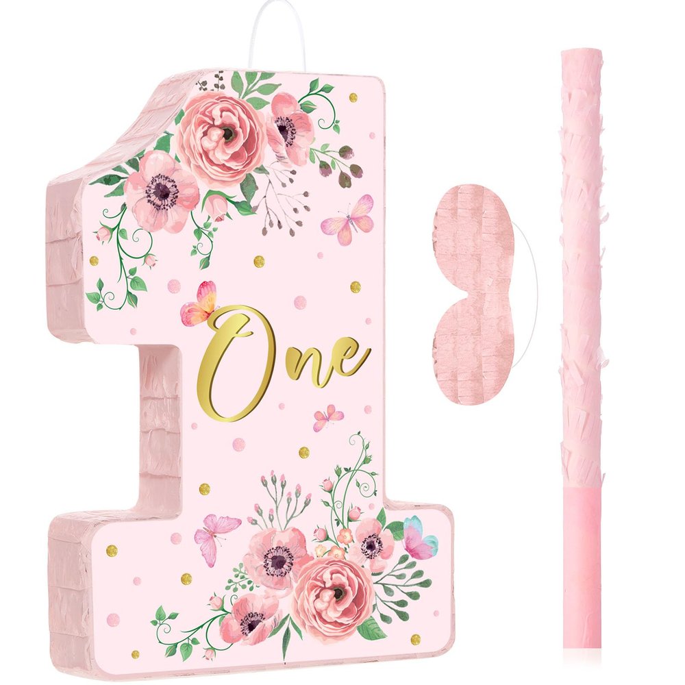 Pink Floral Piata Number 1 Piata Set with Blindfold, Bat and Filler for Flower Theme Gender Reveal Baby Shower Kids First Birthday Party Supplies