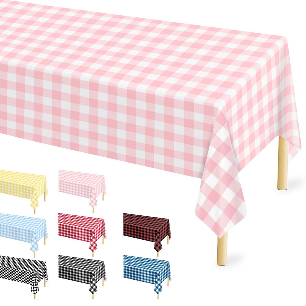12 Pcs Pink Gingham Tablecloth 54 108 Inches Pink and White Checkered Table Cloth Disposable Plastic Waterproof Tablecover for Outdoor Picnic, Birthday Party, Holiday Dinner