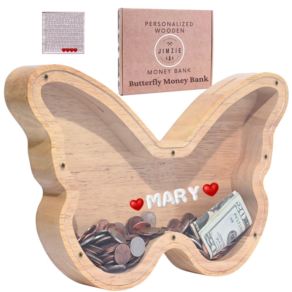 JIMZIE Personalized Wooden Butterfly Piggy Bank Clear Acrylic Butterfly Bank Includes Letter Stickers - Large Money Bank for Kids, Toddlers, and Adults 13 x 8