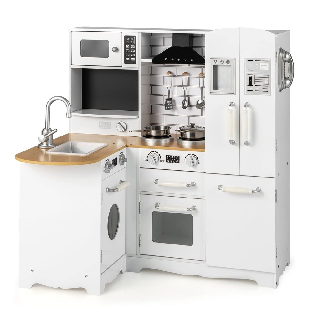 Costzon Corner Kids Kitchen Playset, 11-in-1 Wooden Toy Kitchen Set with Realistic Washing Machine, Microwave, Oven, Stove, Refrigerator, Range Hood, Telephone, Play Kitchen for Toddlers Boys Girls